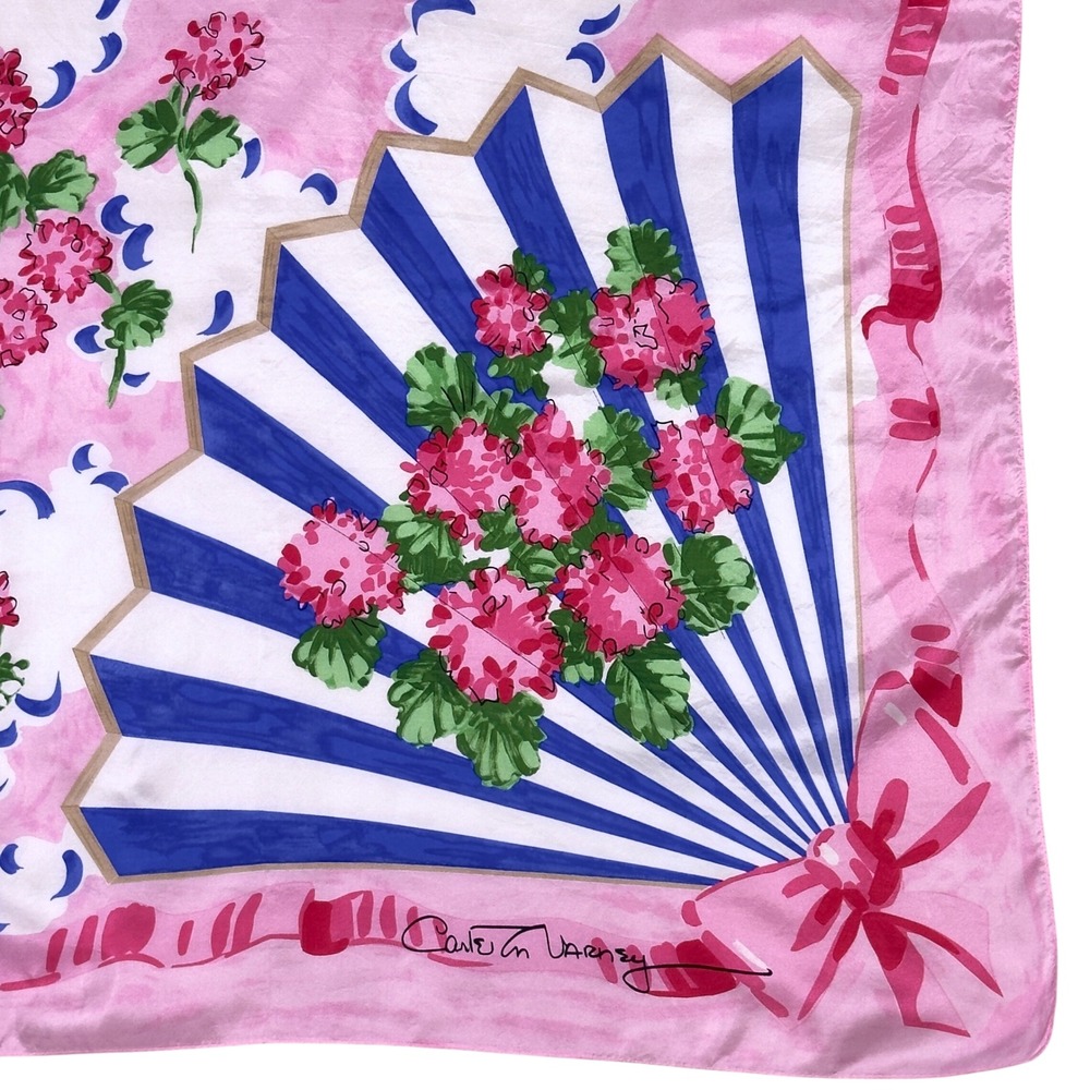 Vtg Carleton Varney 41" Scarf Pink Floral Geranium Blue Resortwear Regencycore - Picture 7 of 9